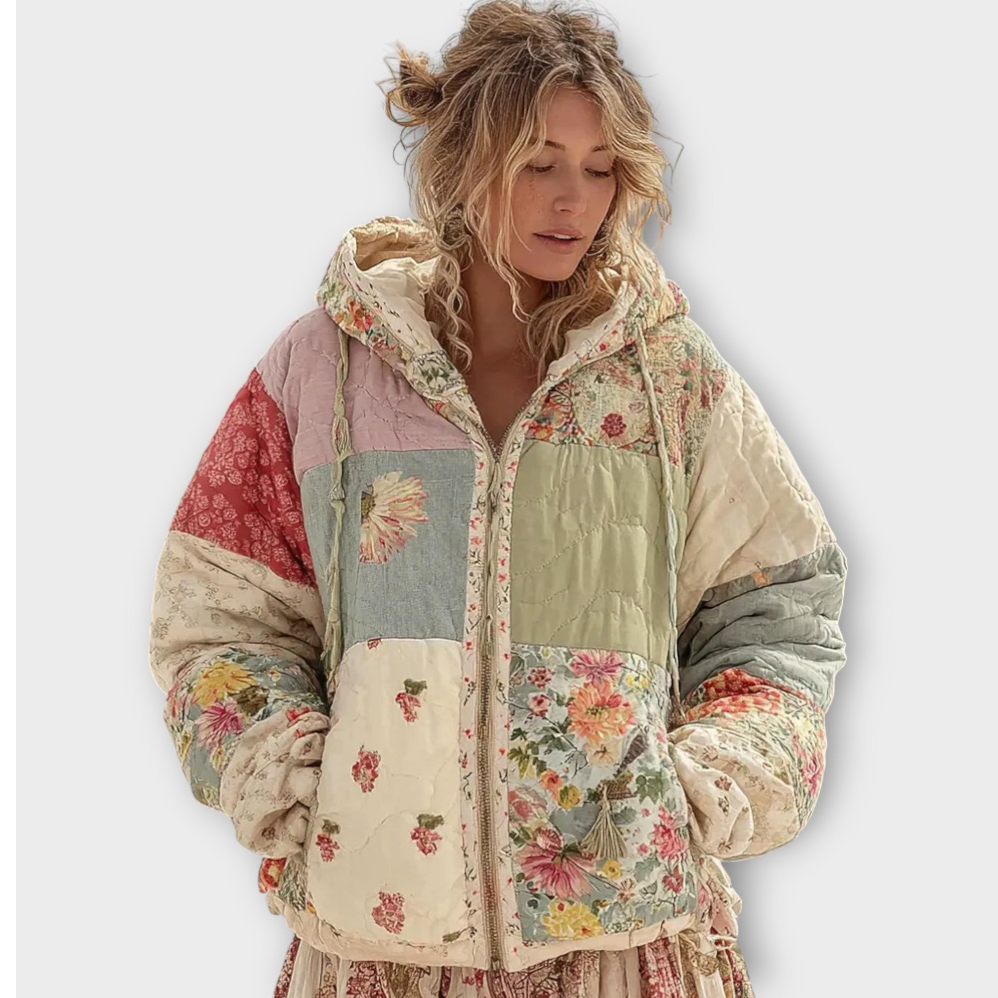 Kurtka Pikowana "Boho Patchwork" – Styl Vintage z Kapturem