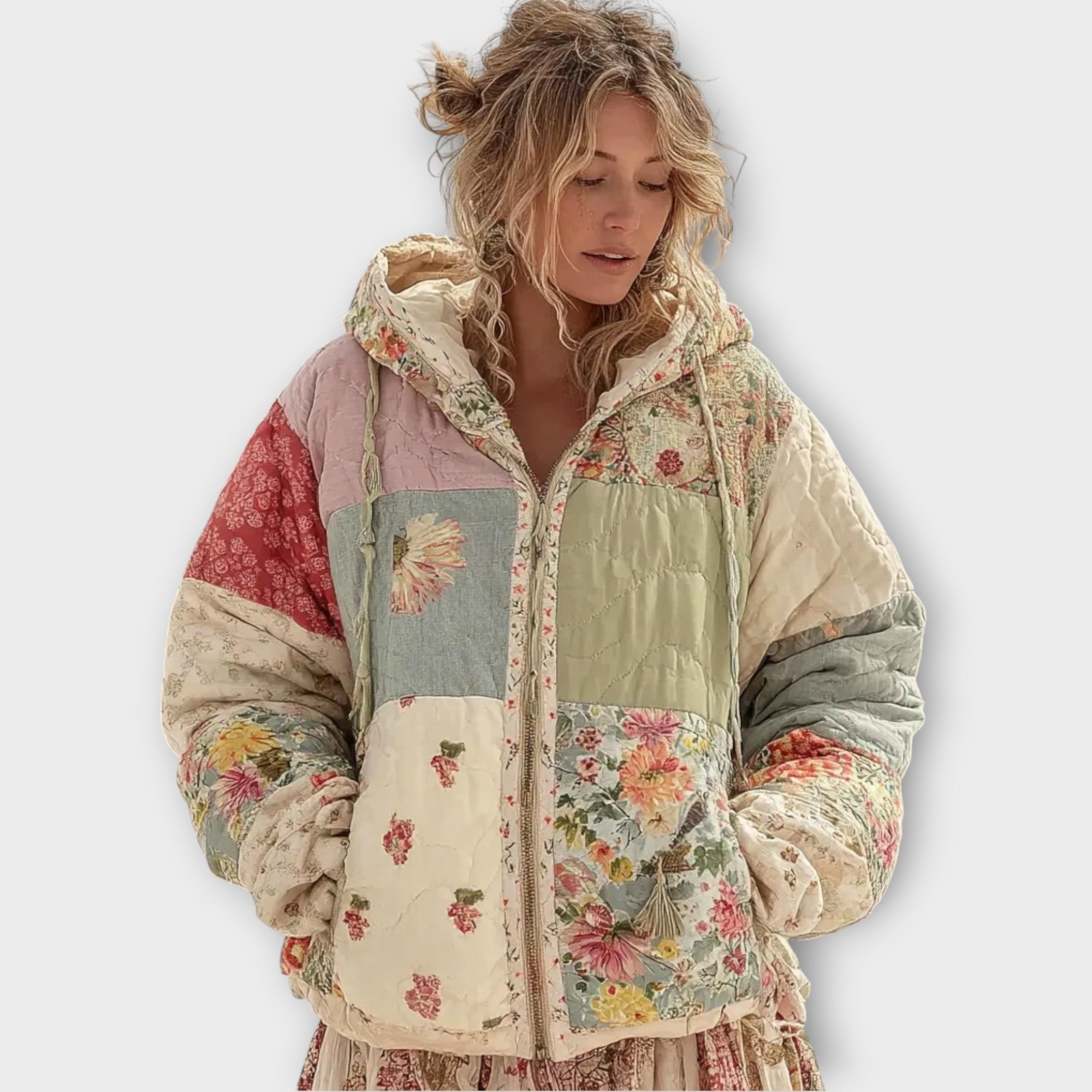 Kurtka Pikowana "Boho Patchwork" – Styl Vintage z Kapturem